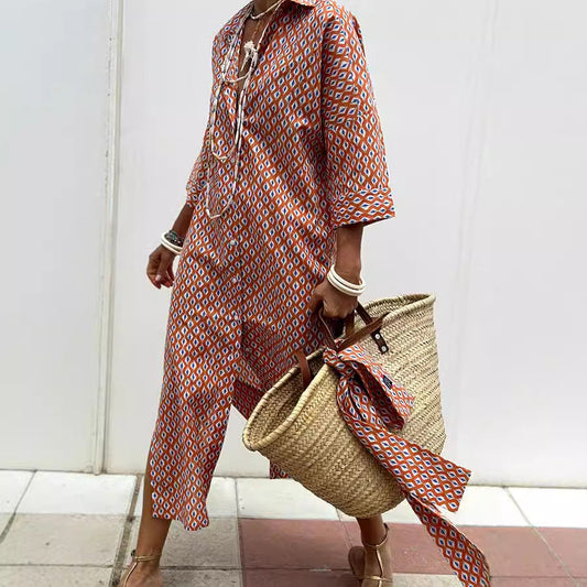 Women’s Shirt Dress – Relaxed Fit – Cotton Blend – Geometric Print – Button Down – Midi Length