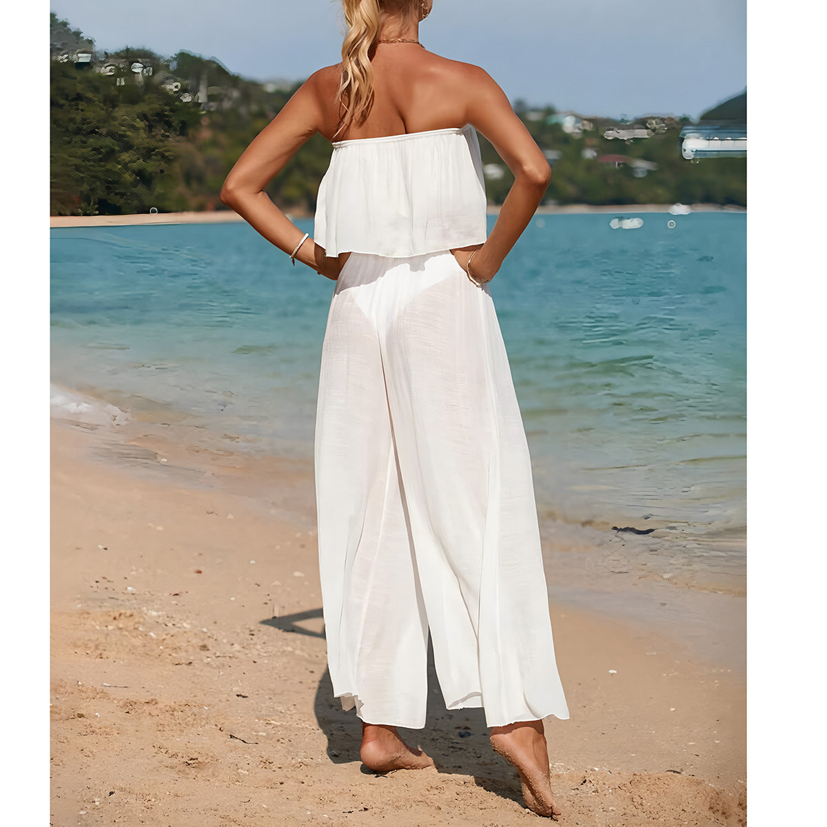 Women’s Two Piece Set – Strapless Crop Top – Wide Leg Trousers – Lightweight Breathable Fit