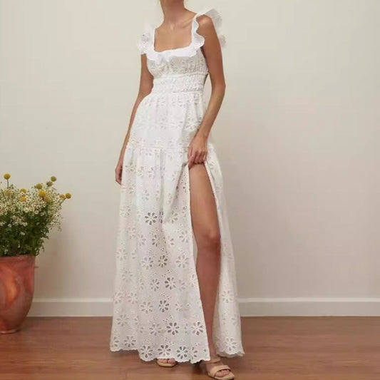 Women’s Full-Length Dress – Cotton Eyelet – Smocked Bodice – Ruffled Straps – High Slit