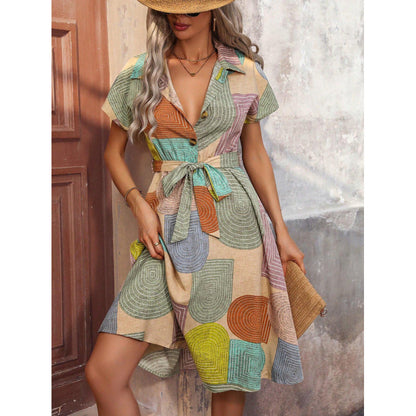 Women’s Shirt Dress – Relaxed Fit – Cotton – Belted Waist – Knee Length – Geometric Pattern