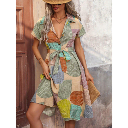 Women’s Shirt Dress – Relaxed Fit – Cotton – Belted Waist – Knee Length – Geometric Pattern