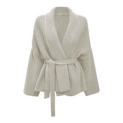 Women’s Cardigan – Chunky Knit – Oversized Fit – Waist Tie – Mid-Length Wool Layer