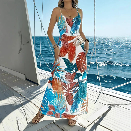 Women’s Maxi Dress – Flowing Fit – Tropical Leaf Print – Cotton Blend – Sleeveless