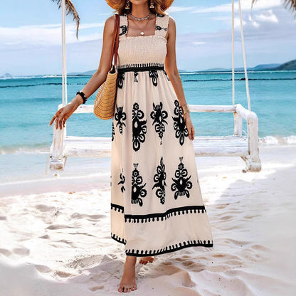 Women’s Maxi Dress – Bohemian Print – Smocked Bodice – Lightweight Cotton – Strappy Fit