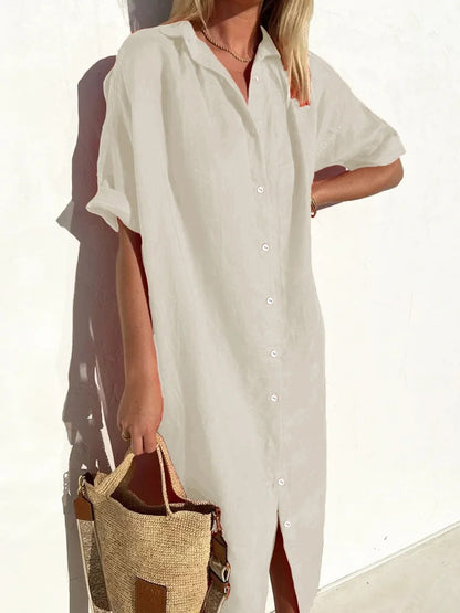 Women’s Shirt Dress – Cotton Linen Blend – Relaxed Fit – Button Down – Midi Length