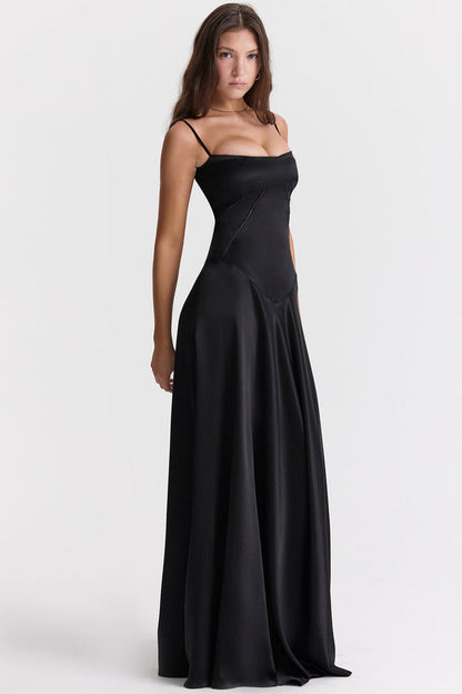 Women’s Evening Gown – Satin A-Line – Spaghetti Straps – Cut-Out Waist – Full Length