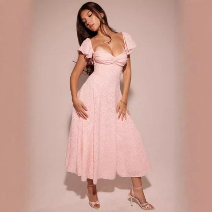Women’s Midi Dress – Jacquard Fabric – A-Line Fit – Square Neck – Ruffled Sleeves