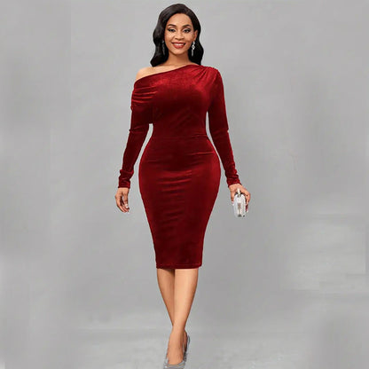 Women’s Wrap Dress – Velour Feel – Fitted Midi – Asymmetrical Neckline – Long Sleeve