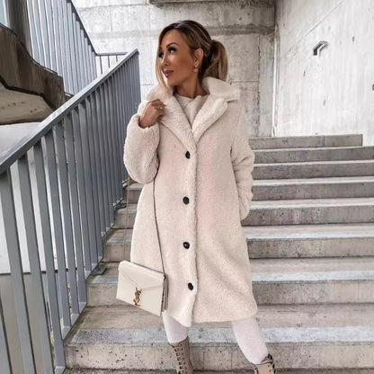 Women’s Long Coat – Wool Blend – Oversized Fit – Lapel Collar – Button Front – Pockets