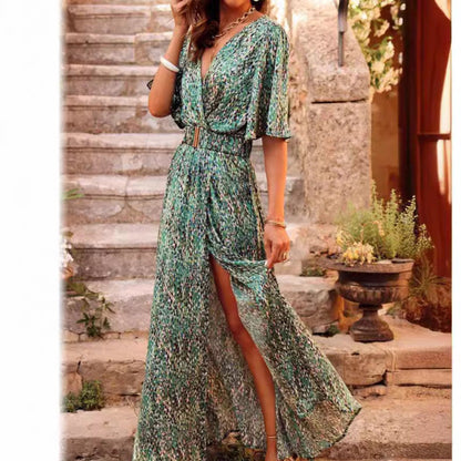 Women’s Maxi Dress – Wrap V-Neck – Belted Waist – Short Sleeve – Side Slit Flowing Fit