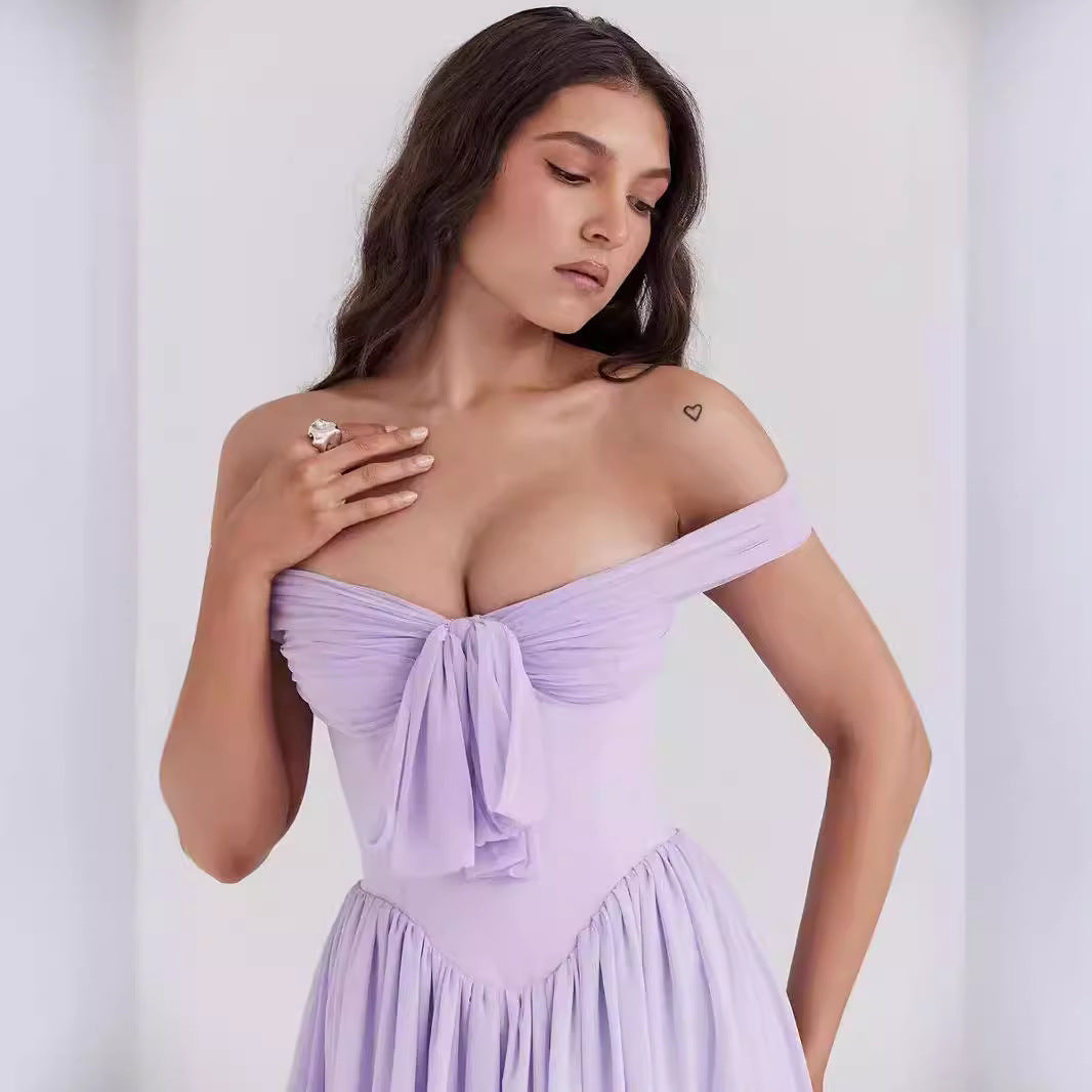 Women’s Mini Dress – Off Shoulder – Fit and Flare – Bow Front – Lightweight Elegant Wear