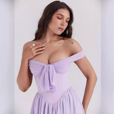 Women’s Mini Dress – Off Shoulder – Fit and Flare – Bow Front – Lightweight Elegant Wear