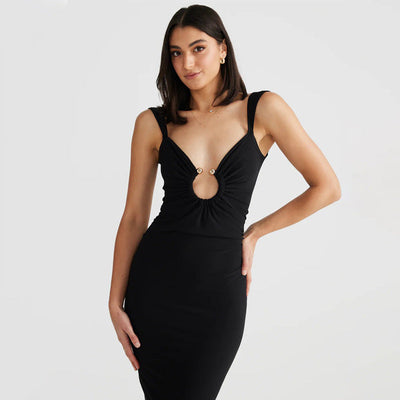 Women’s Maxi Dress – Slim Fit – V-Neck Open Back – Cut-Out Front Slit Detail
