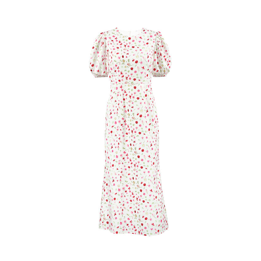 Women’s Midi Dress – Slim Fit – Puff Sleeve – High Waist Mermaid Hem – Floral Print