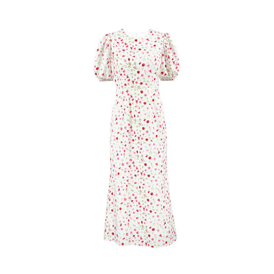 Women’s Midi Dress – Slim Fit – Puff Sleeve – High Waist Mermaid Hem – Floral Print