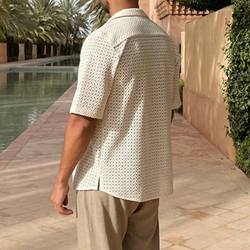 Men’s Knitted Cardigan – Slim Fit – Short Sleeve – Openwork – Button Front – Notched Collar
