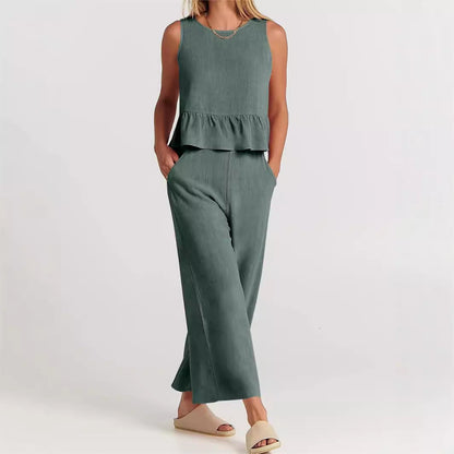 Women’s Peplum Top – Lightweight Cotton Blend – Relaxed Fit – Sleeveless Rounded Neckline
