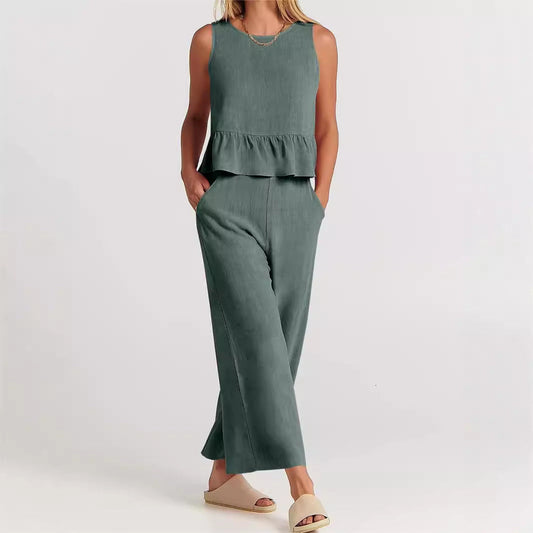 Women’s Peplum Top – Lightweight Cotton Blend – Relaxed Fit – Sleeveless Rounded Neckline