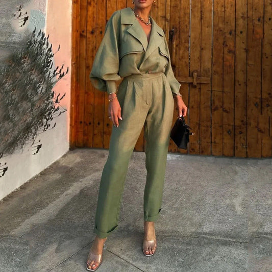 Women’s Two-Piece Set – Draped Lapel Top – High-Waisted Tapered Trousers – Linen Look