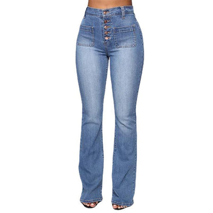 Women’s Flared Jeans – High Waist – Button Front – Patch Pockets – Full Length Denim