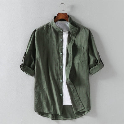 Men’s Short Sleeve Shirt – Linen Blend – Relaxed Fit – Mandarin Collar Casual Wear