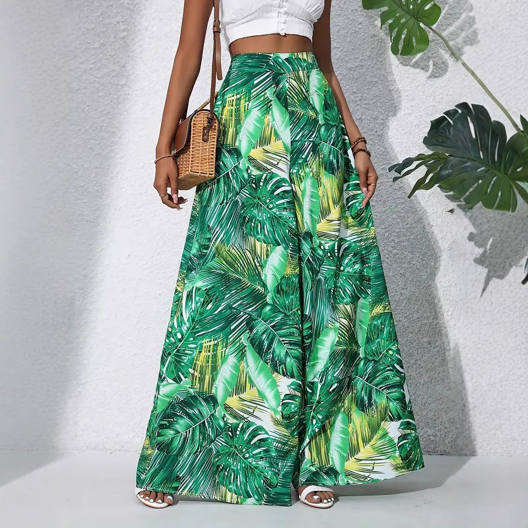 Women’s Wide-Leg Trousers – High Waist – Lightweight Fabric – Floral Print – Full Length