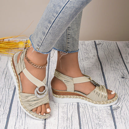 Women’s Wedge Sandals – Open Toe – Buckle Strap – Natural Fibers – Textured Upper