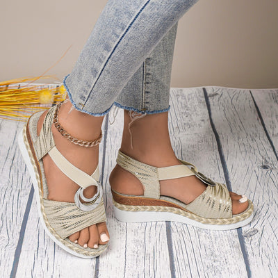 Women’s Wedge Sandals – Open Toe – Buckle Strap – Natural Fibers – Textured Upper