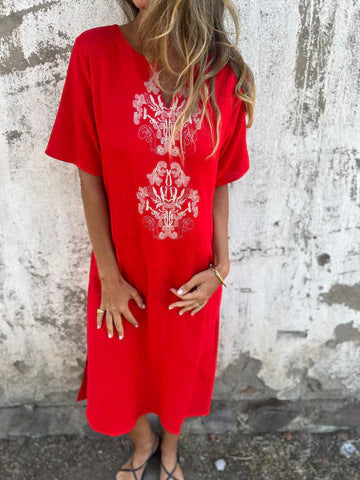 Women’s Midi Dress – Relaxed Fit – Embroidered Front – Natural Fibers – Short Sleeve