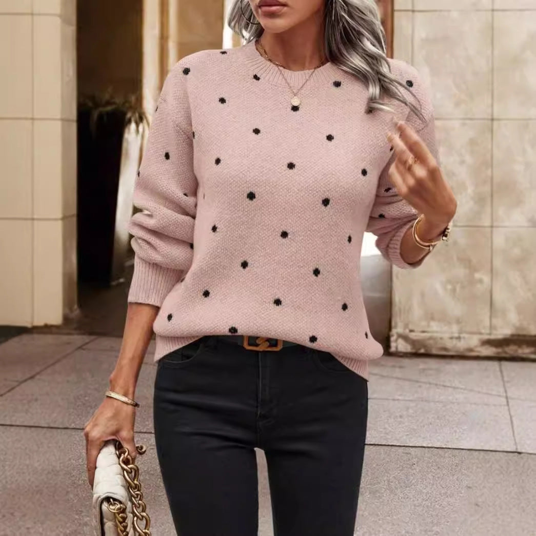 Women’s Pullover Sweater – Soft Knit Wool Blend – Relaxed Fit – Polka Dot – Round Neck