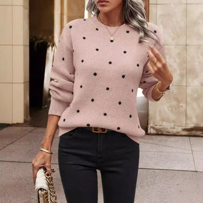 Women’s Pullover Sweater – Soft Knit Wool Blend – Relaxed Fit – Polka Dot – Round Neck