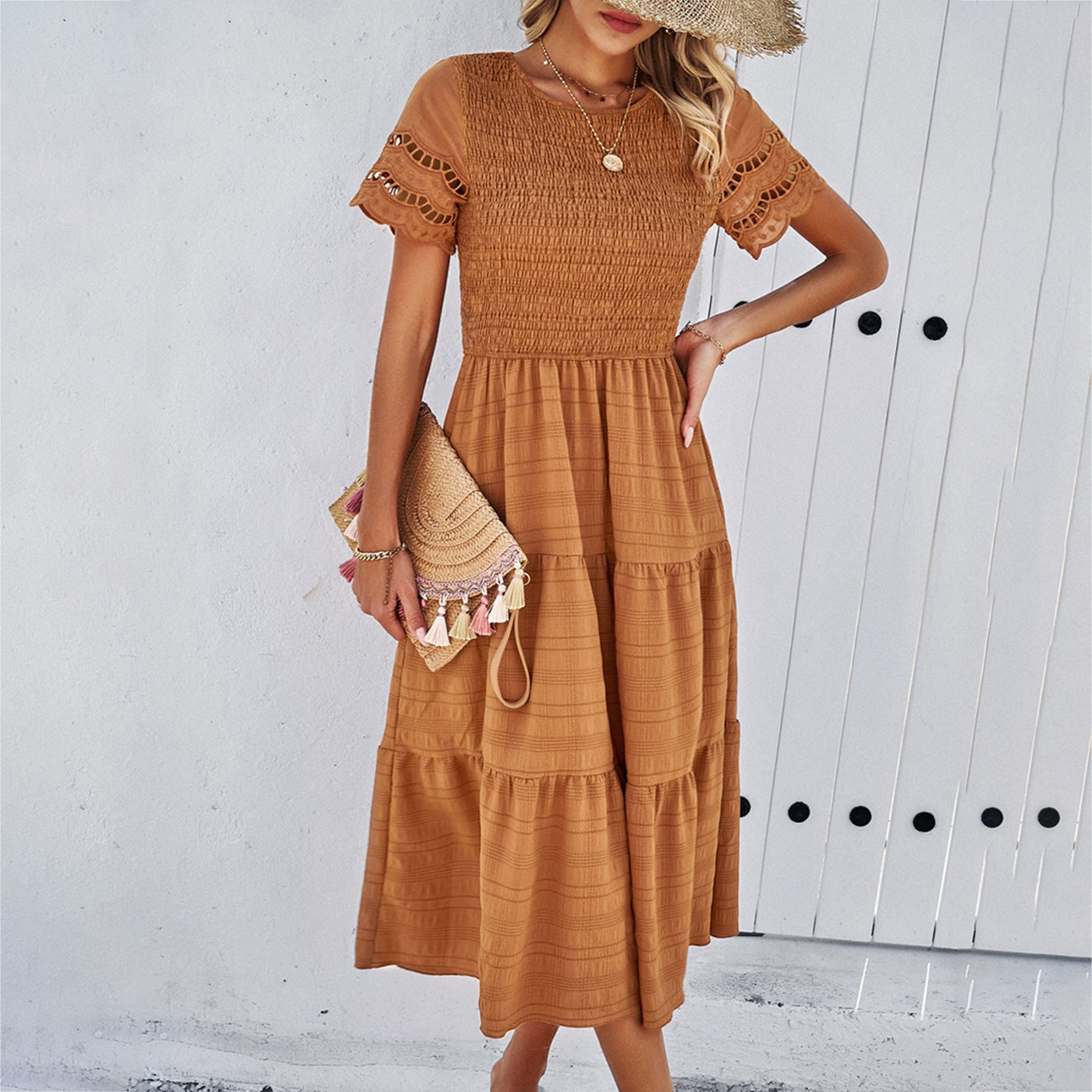 Women’s Midi Dress – Smocked Bodice – Tiered Skirt – Cut-Out Sleeves – Cotton Blend