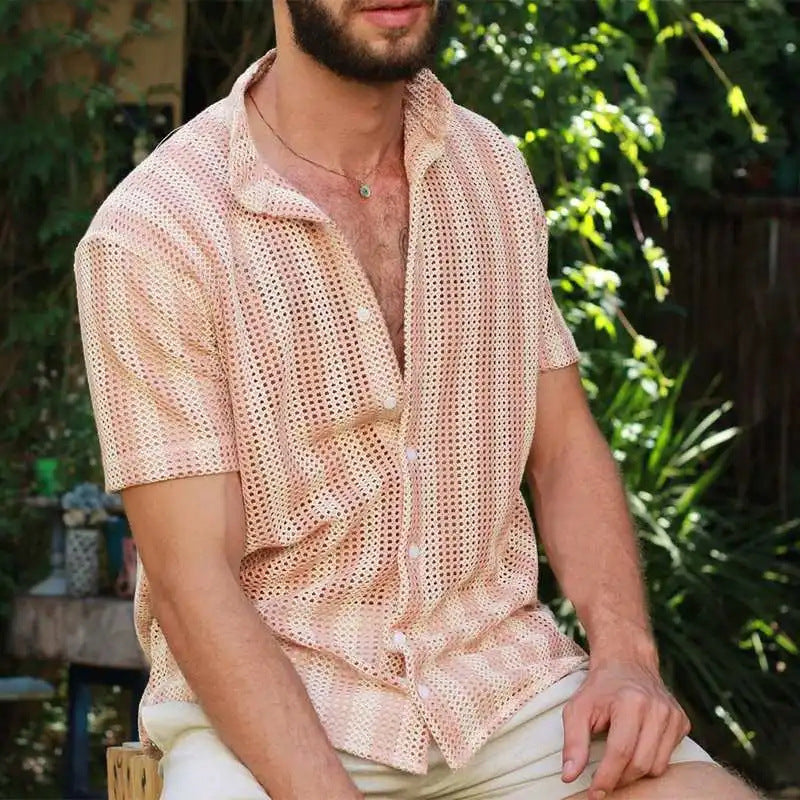 Men’s Mesh Shirt – Relaxed Fit – Button-Up – Short Sleeve – Breathable Grid Design