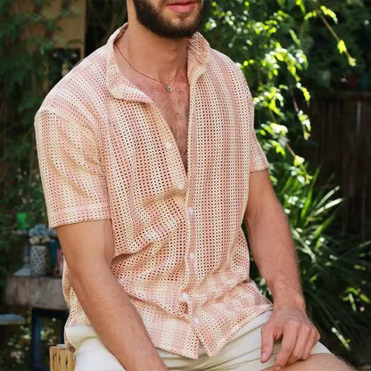 Men’s Mesh Shirt – Relaxed Fit – Button-Up – Short Sleeve – Breathable Grid Design