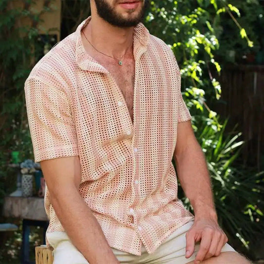 Men’s Mesh Shirt – Relaxed Fit – Button-Up – Short Sleeve – Breathable Grid Design