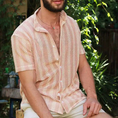 Men’s Mesh Shirt – Relaxed Fit – Button-Up – Short Sleeve – Breathable Grid Design
