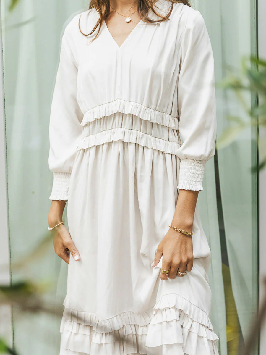 Women’s Midi Dress – V-Neck – Tiered Ruffle Hem – Long Sleeve – Cotton Blend – Relaxed Fit
