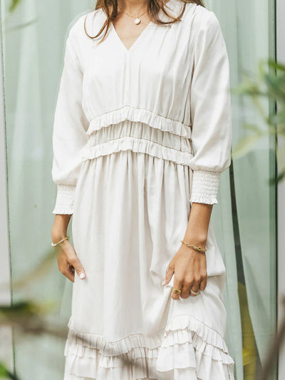 Women’s Midi Dress – V-Neck – Tiered Ruffle Hem – Long Sleeve – Cotton Blend – Relaxed Fit