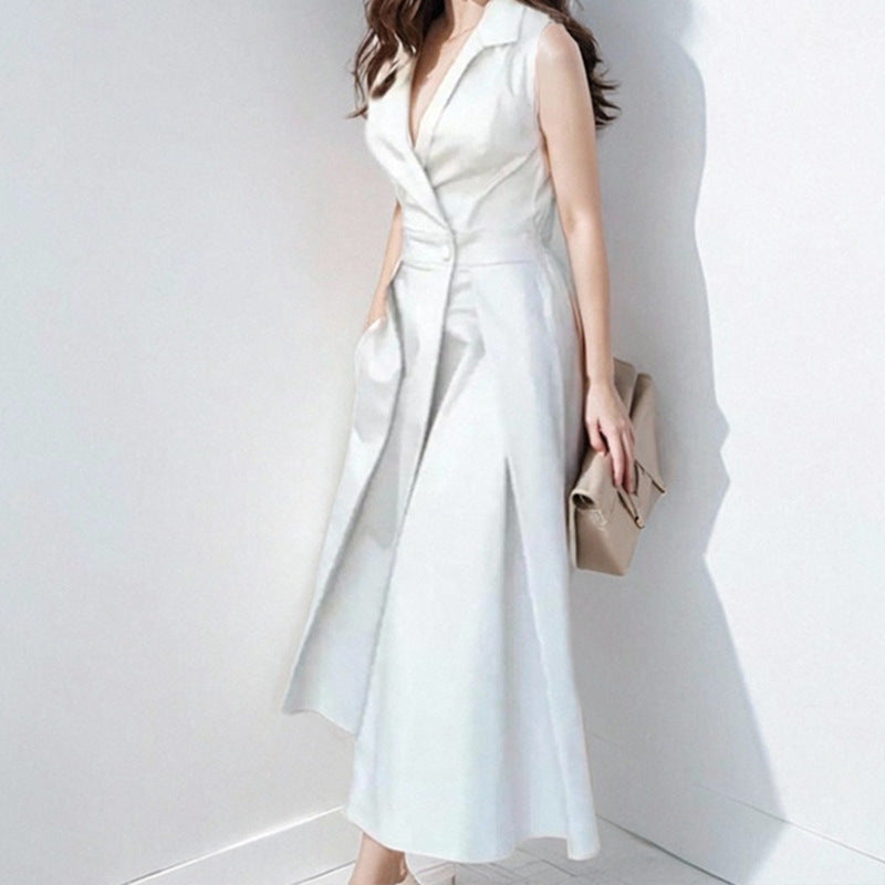 Women’s Midi Dress – Tailored Fit – V-Neck Button Front – Flared Skirt – Sleeveless