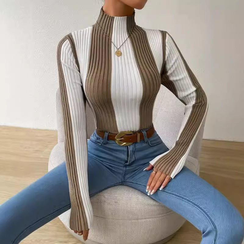 Women’s Knit Top – Slim Fit – Ribbed Stretch Fabric – Mock Neck – Long Sleeve