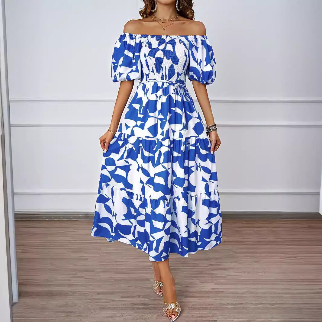 Women’s Off-Shoulder Midi Dress – Puff Sleeve – Shirred Bodice – Tiered A-Line Fit