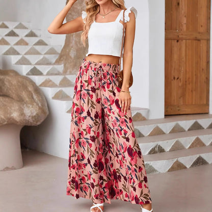Women’s Wide-Leg Pants – Chiffon – High Waist – Floral Print – Drawstring Elastic Waist