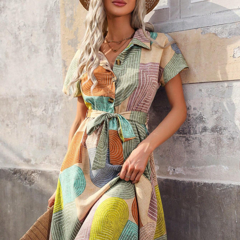 Women’s Shirt Dress – Relaxed Fit – Cotton – Belted Waist – Knee Length – Geometric Pattern