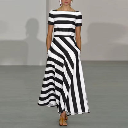 Women’s Long Dress – Flared Silhouette – Off Shoulder – Diagonal Striped