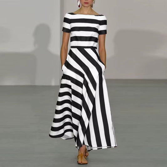 Women’s Long Dress – Flared Silhouette – Off Shoulder – Diagonal Striped