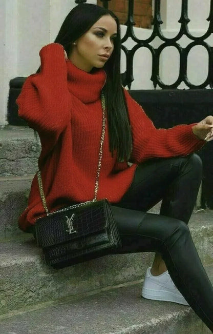 Women’s Knitted Sweater – Oversized Fit – Turtleneck – Ribbed Sleeve Casual Pullover
