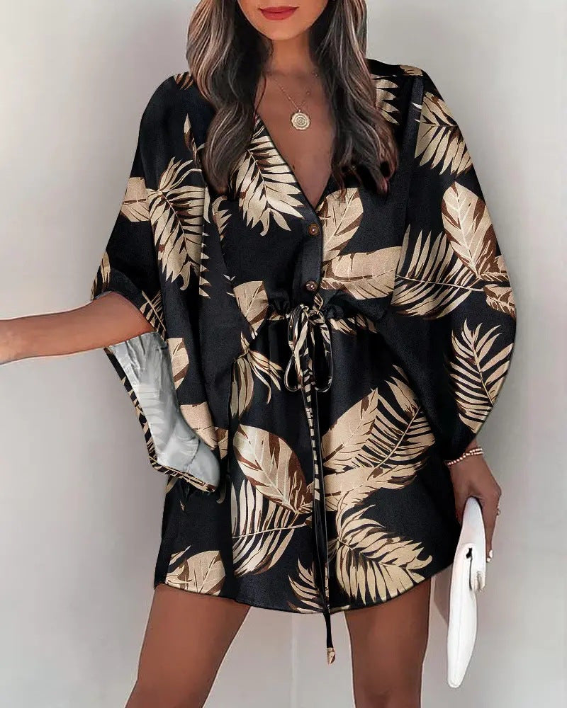 Women’s Mini Dress – V-Neck – Lace-Up Waist – Flutter Sleeve – Flowy Fit