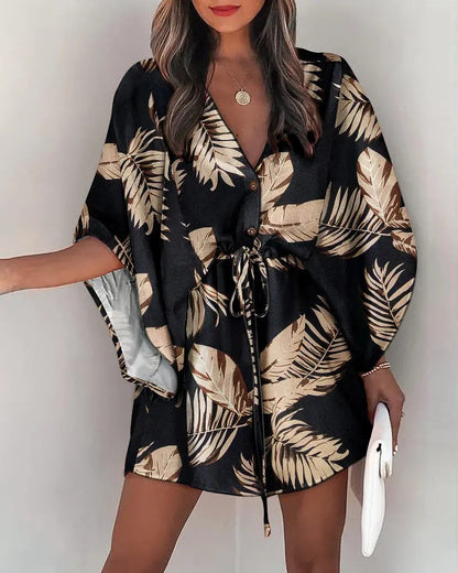 Women’s Mini Dress – V-Neck – Lace-Up Waist – Flutter Sleeve – Flowy Fit