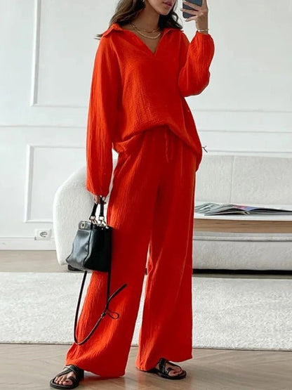 Women’s Lounge Set – Relaxed Fit – V-Neck Top with Collar – Drawstring Straight-Leg Pants