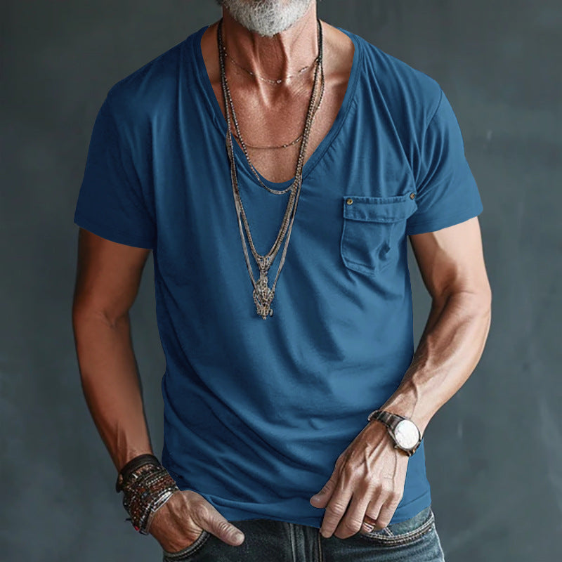 Men’s V-Neck T-Shirt – Short Sleeve – Rolled Cuffs – Chest Pocket – Casual Fit
